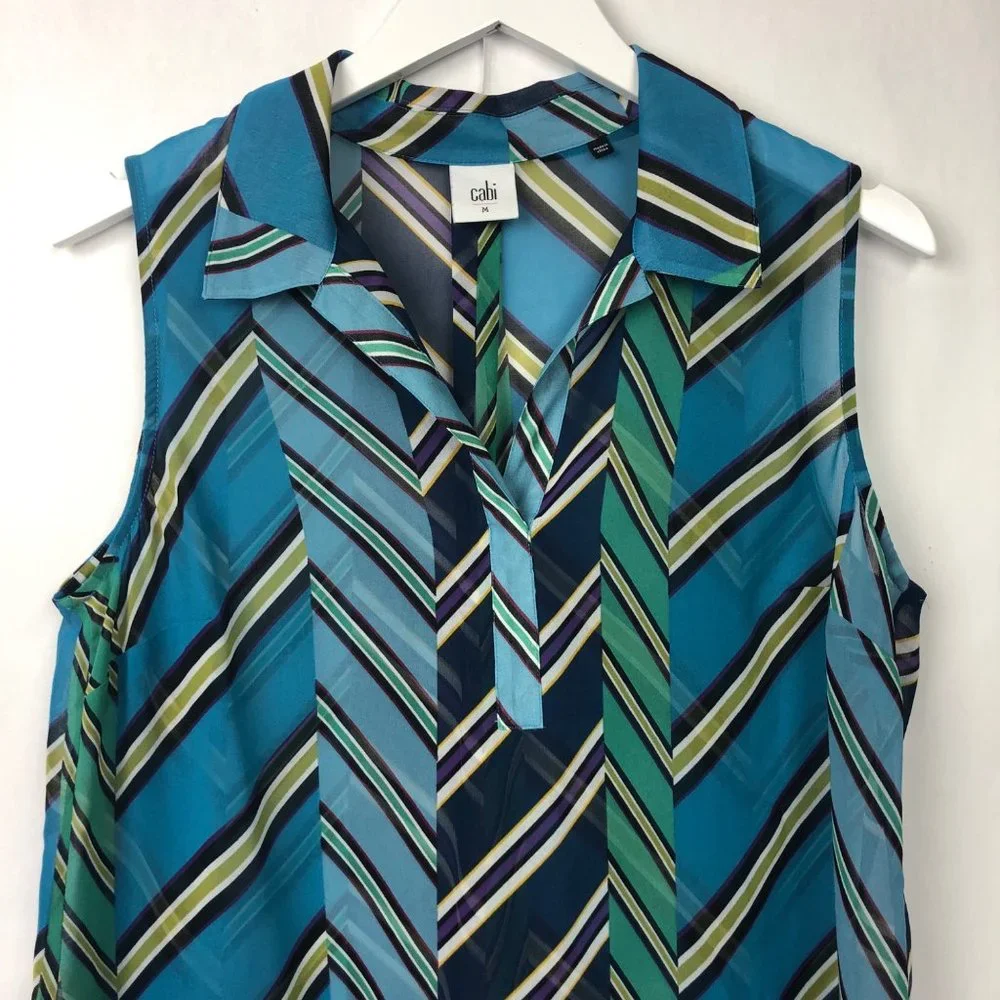 CAbi Blue Multi Diagonal Stripe Collared Sleeveless Blouse Size Medium - Picture 3 of 14